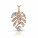monstera leaf natural diamond necklace charm in 14k gold rose gold