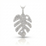 monstera leaf natural diamond necklace charm in 14k gold white gold