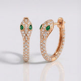 natural diamond and green emerald snake heart earrings in 14k gold rose gold