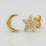celestial star and moon natural diamond stud earrings in 14k gold