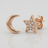 celestial star and moon natural diamond stud earrings in 14k gold rose gold