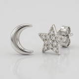 celestial star and moon natural diamond stud earrings in 14k gold white gold