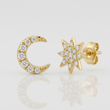celestial starburst and moon pave natural diamond stud earrings in 14k gold