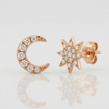 celestial starburst and moon pave natural diamond stud earrings in 14k gold rose gold