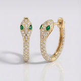 natural diamond and green emerald snake heart earrings in 14k gold