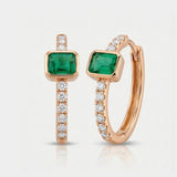 emerald and round natural diamond huggie earrings in 14k gold rose gold