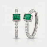 emerald and round natural diamond huggie earrings in 14k gold white gold