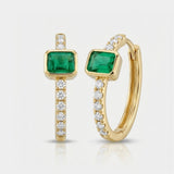 emerald and round natural diamond huggie earrings in 14k gold