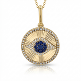 fluted sapphire evil eye natural diamond necklace charm in 14k gold