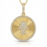 fluted disc hamsa natural diamond necklace charm in 14k gold