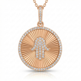 fluted disc hamsa natural diamond necklace charm in 14k gold rose gold