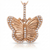 fluted butterfly natural diamond necklace charm bold in 14k gold rose gold