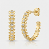 leaf link oval natural diamond hoop earrings in 14k gold