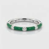 green enamel and natural diamond band ring in 14k gold white gold