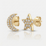 crescent moon and star pave natural diamond stud earrings in 14k gold