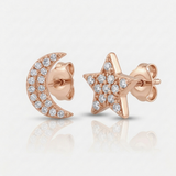 crescent moon and star pave natural diamond stud earrings in 14k gold rose gold